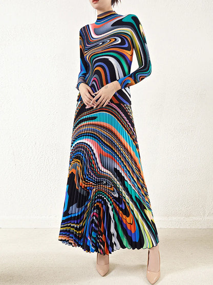 Irregular Geometric Print Two Piece Set For Women Long Sleeve Top Elastic Waist A-line Skirt Female
