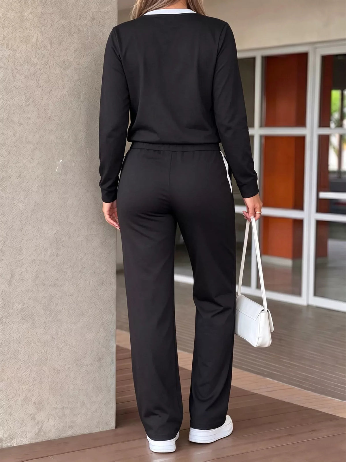 Heart Graphic Contrast Trim Top and Pants Set - Black - View 5