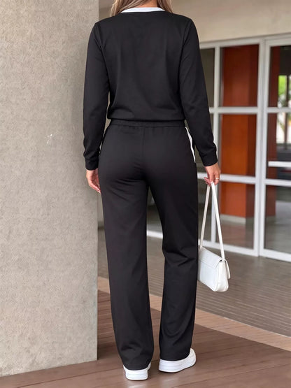 Heart Graphic Contrast Trim Top and Pants Set - Black - View 5
