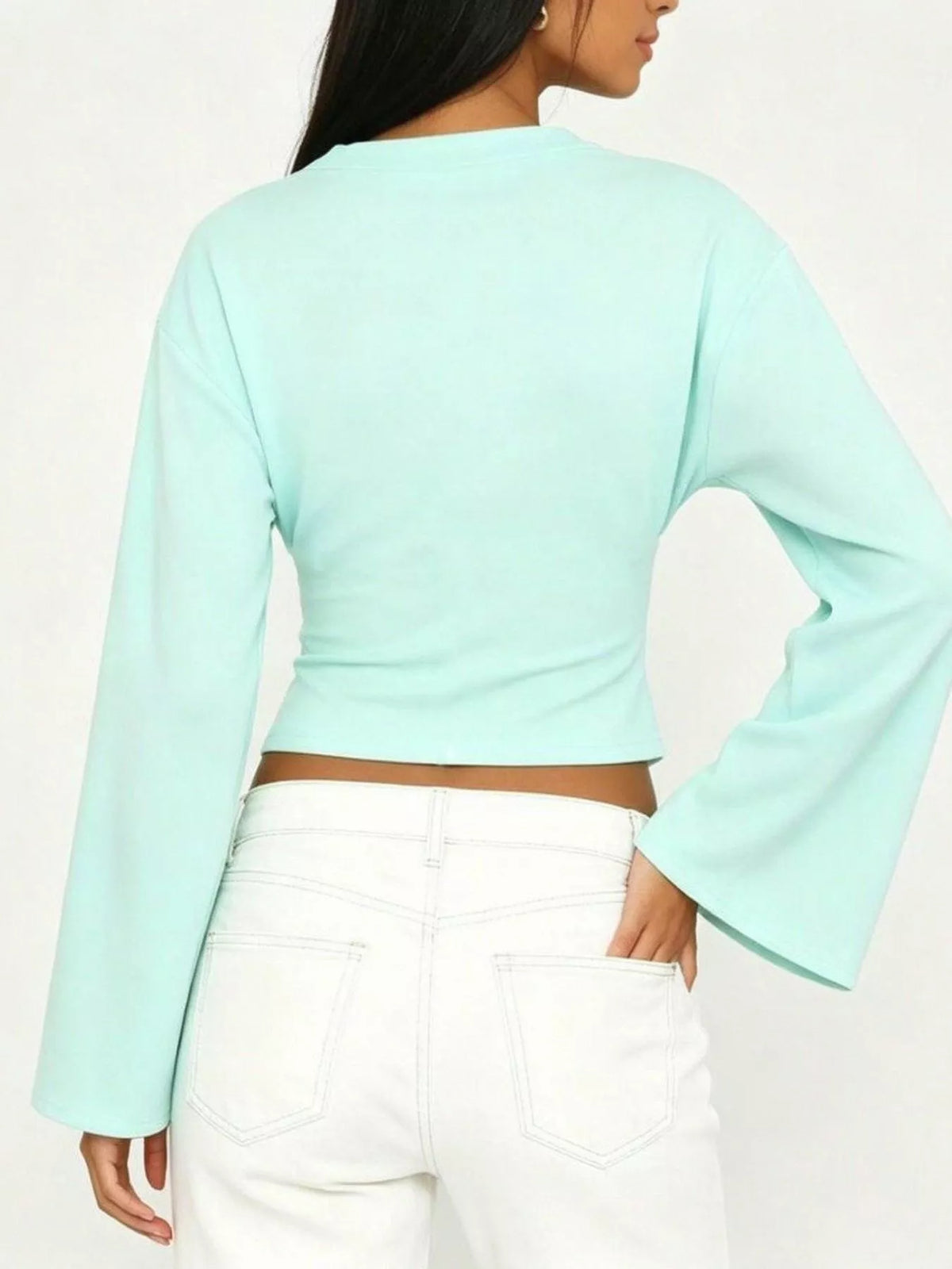 V-Neck Flare Sleeve Blouse - Mint Blue - View 4