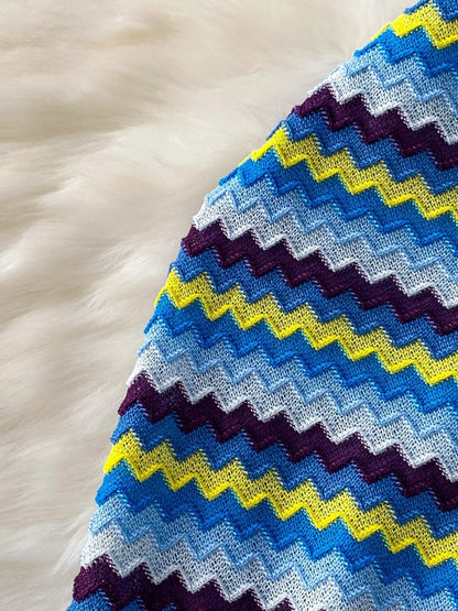 Striped Knitted Halter Top and Maxi Skirt Set - Cerulean - Maxi Skirt Knit Detail View