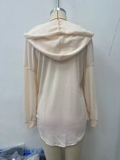 Drawstring Waffle Knit Hoodie - Beige - View 3