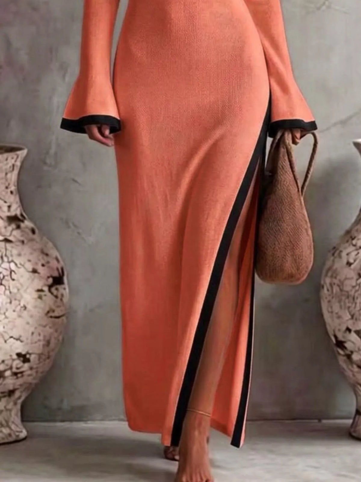 Slit One-Shoulder Contrast Trim Maxi Dress - Coral - View 2