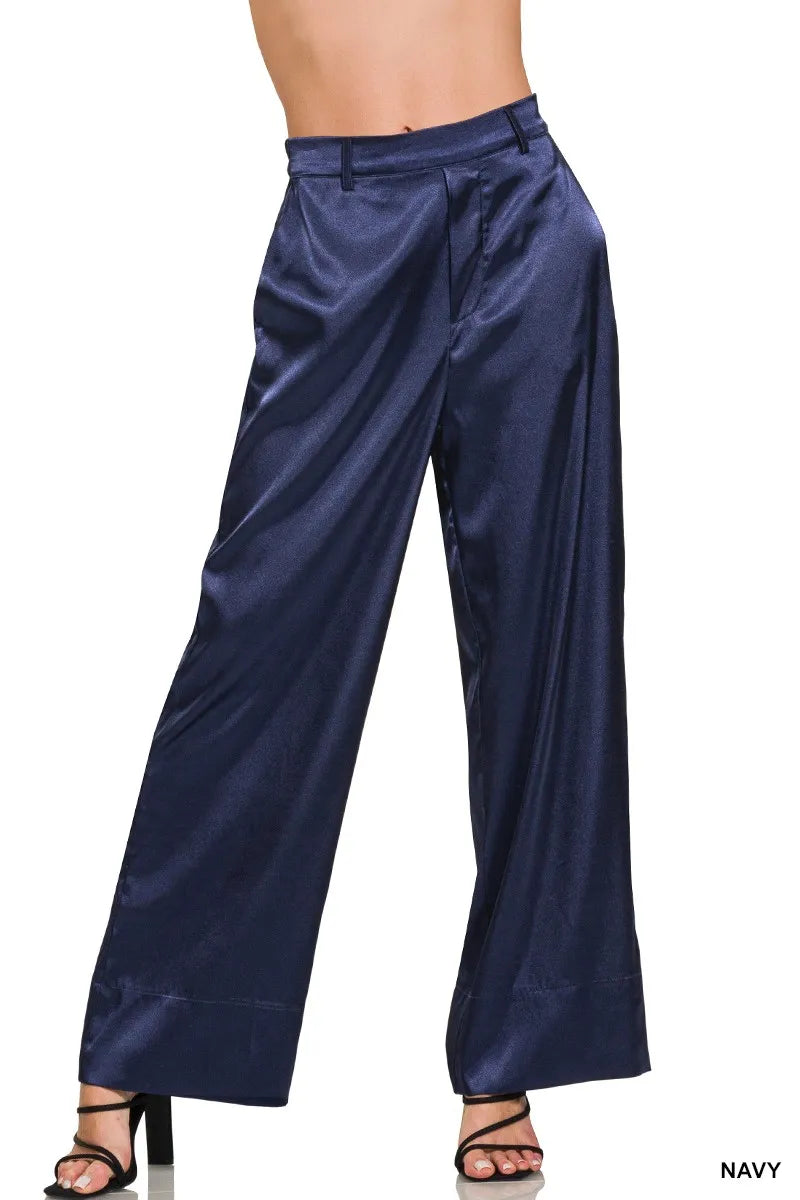 Zenana Wide-Leg Satin Pants - NAVY - View 2
