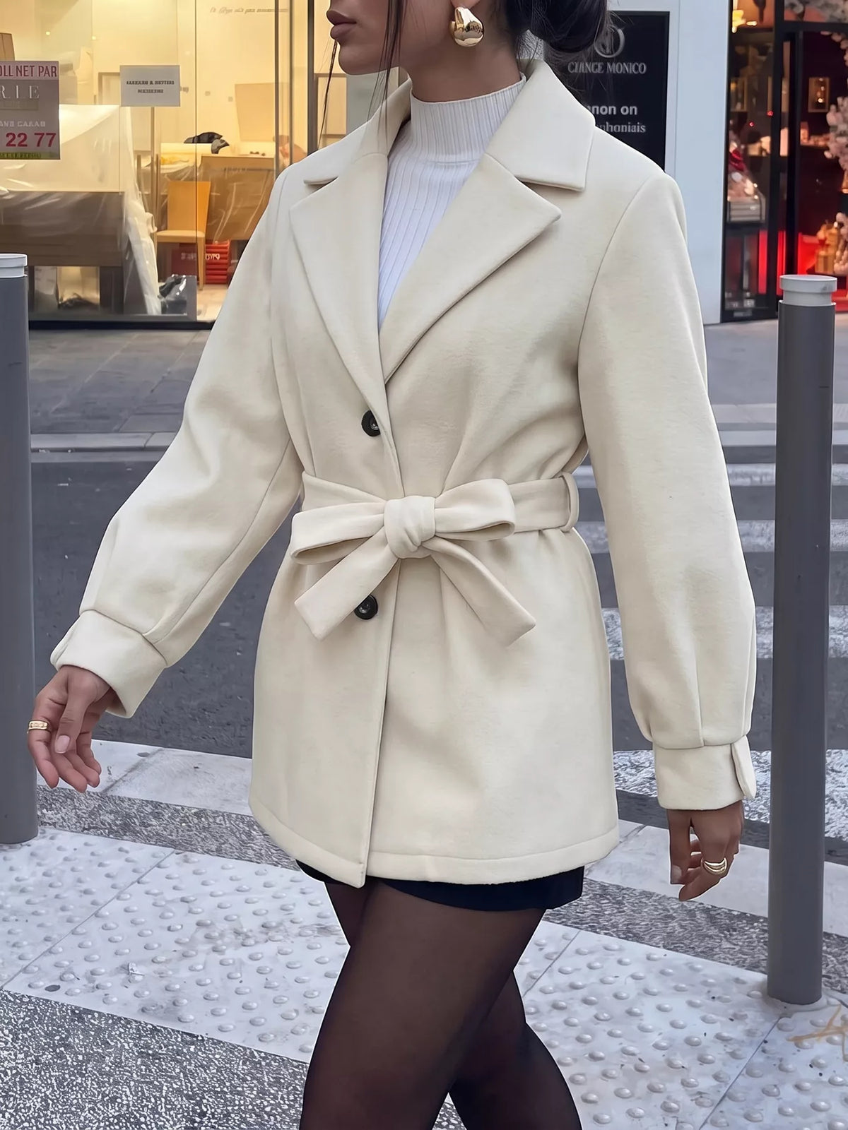 Lapel Collar Button Up Outerwear - Beige - View 4