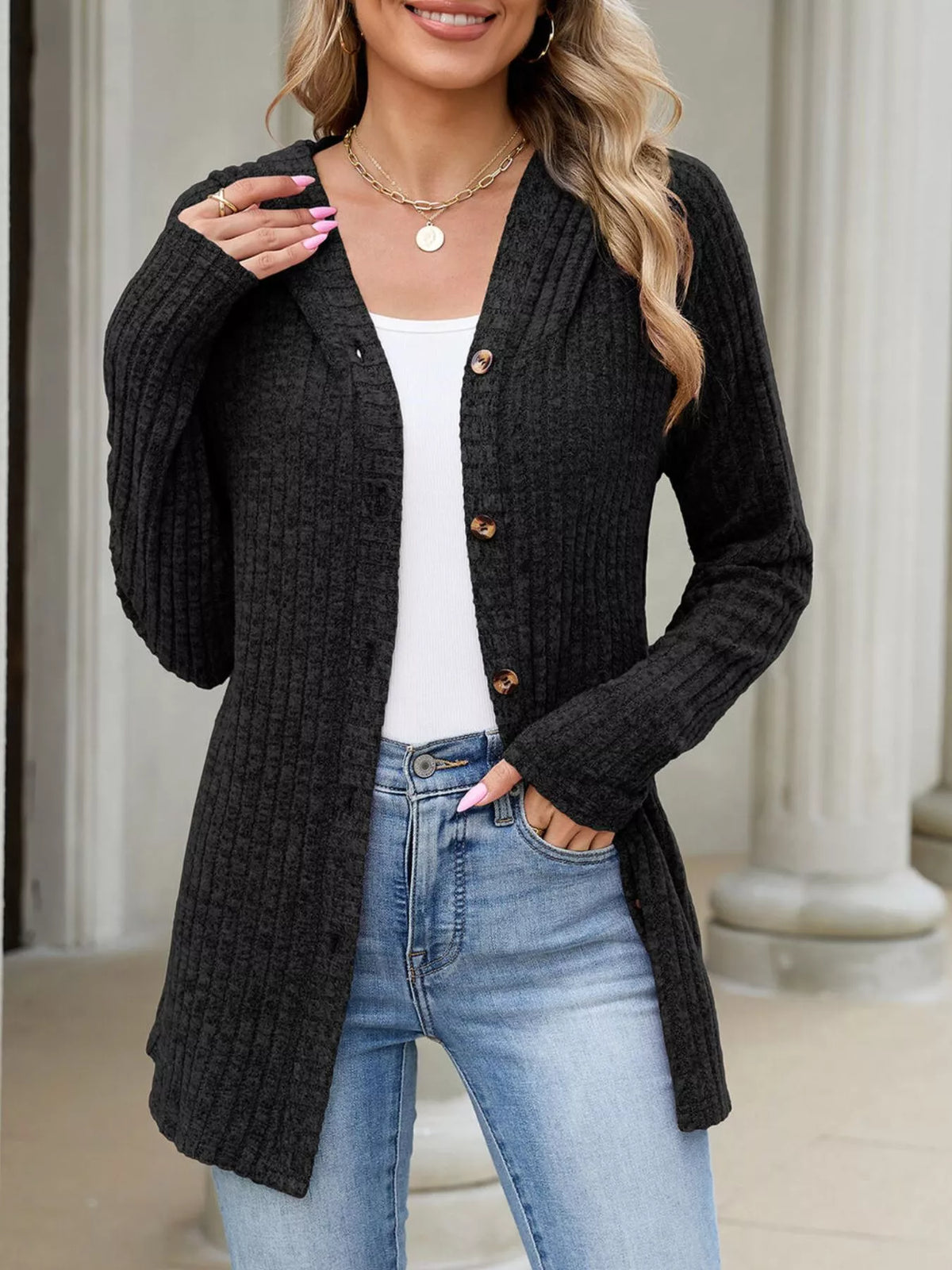 Ribbed Knit Hooded Button-Down Cardigan - Black - View 3