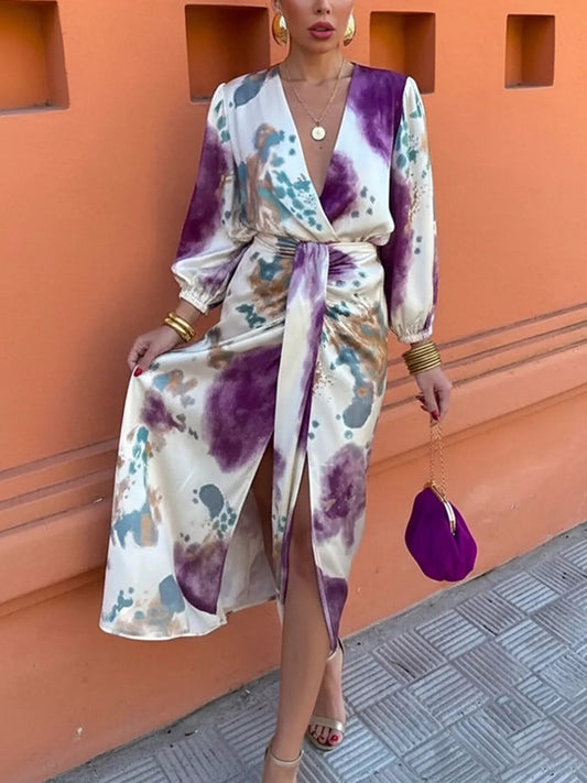 Full Size Slit Tie-Waist Abstract Print Midi Dress Plus Size - Purple - View 2