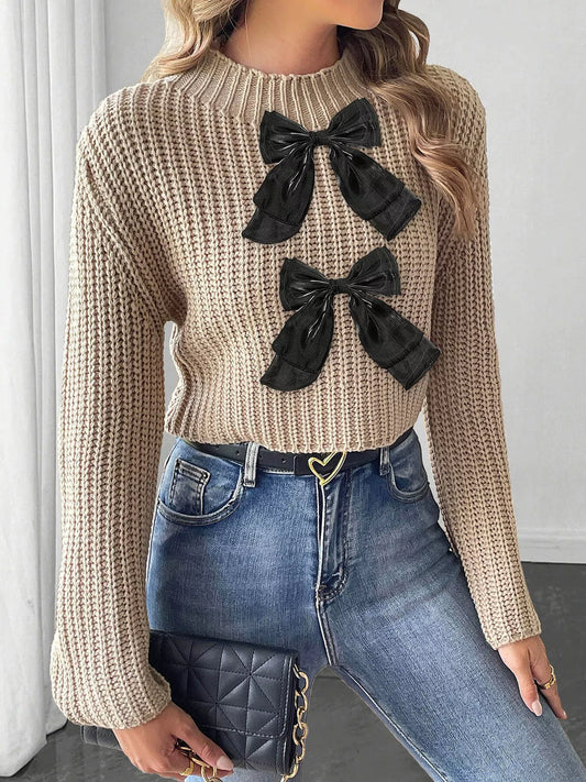 Bow-Decorated Mock Neck Cropped Sweater - Khaki - View 2