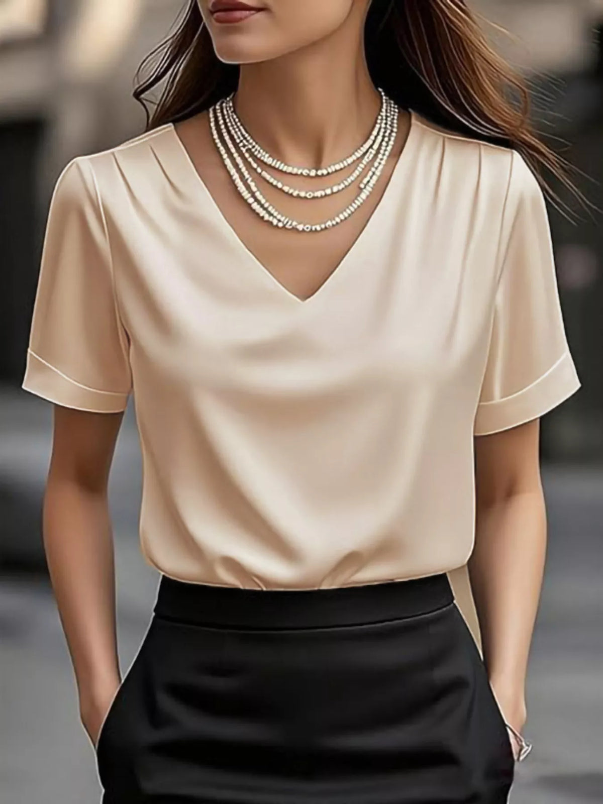 Elegant V-Neck Short Sleeve Ruched Top - Beige - View 10