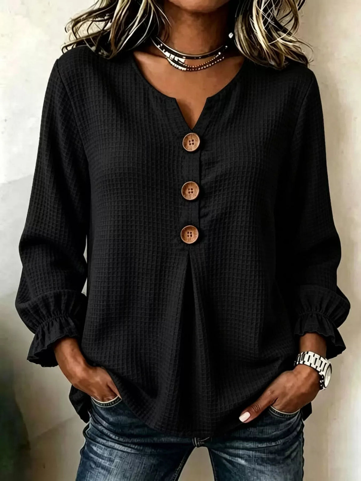 Waffle Knit Long Sleeve Top - Black - View 8