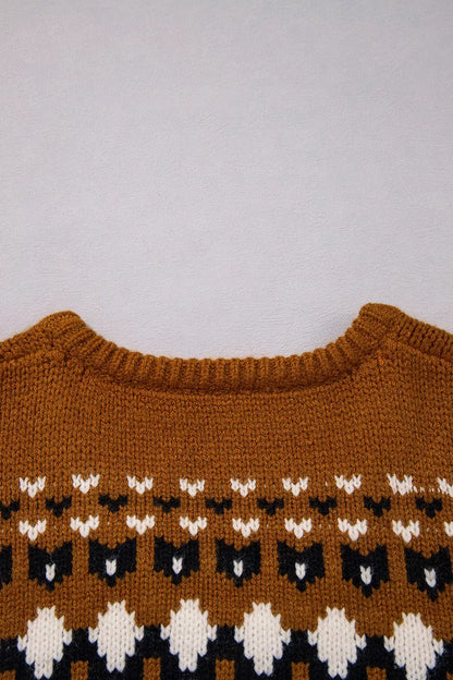 V Neck Short Sleeve Geometric Sweater - Brown - View 10