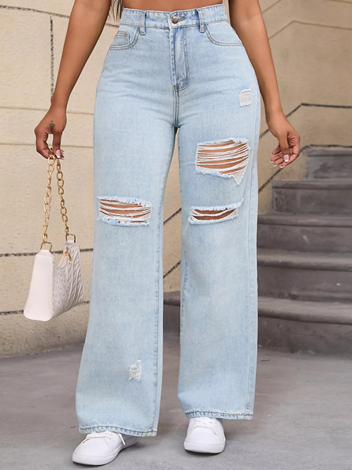 Distressed Wide-Leg Jeans - White Blue - View 3