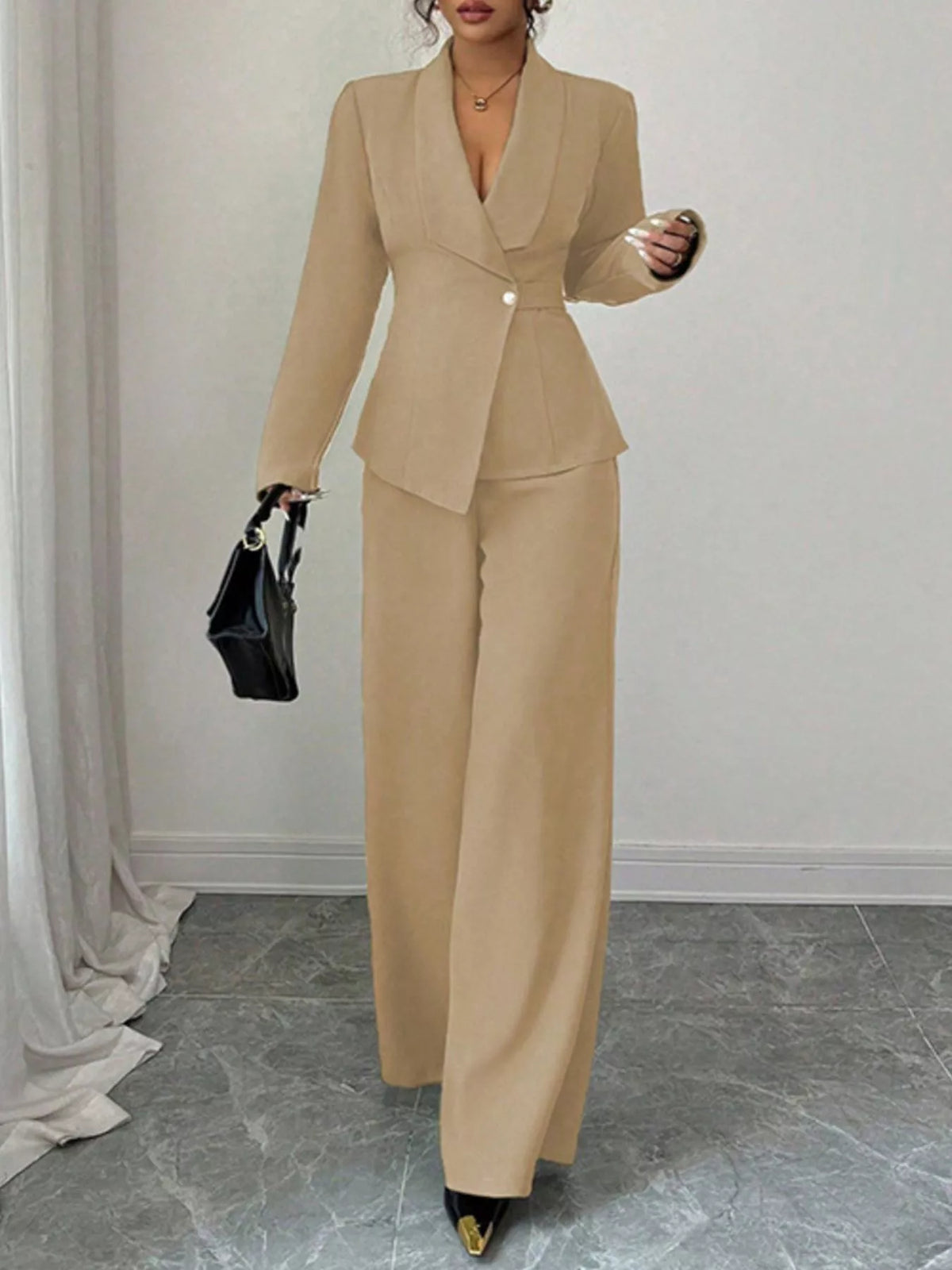 One Button Blazer and Pants Set - Khaki - View 24