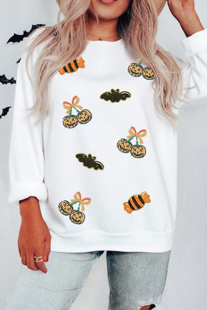 Sequin Halloween Pattern Pullover Sweatshirt - White - View 2