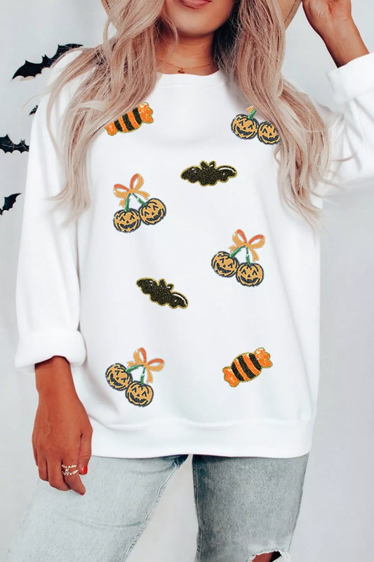 Sequin Halloween Pattern Pullover Sweatshirt - White - View 2