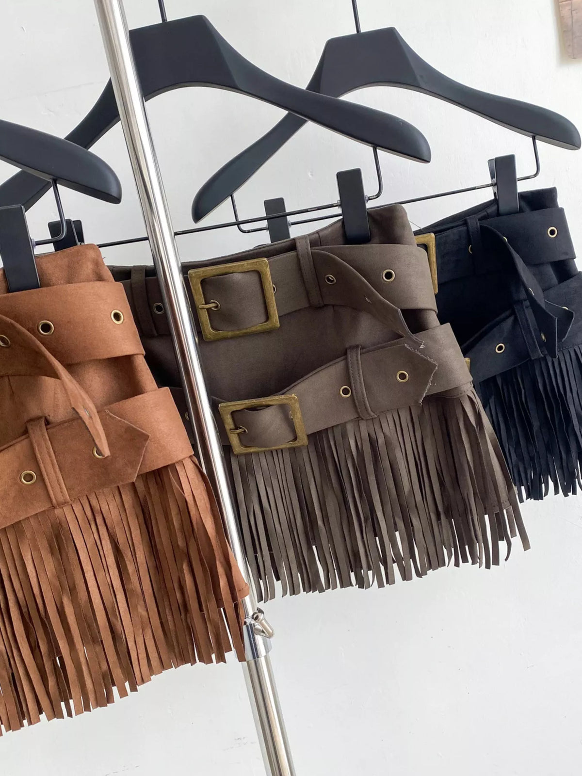 Fringe Belted Mini Skirt - Army Green, Khaki and Black group view - View 10