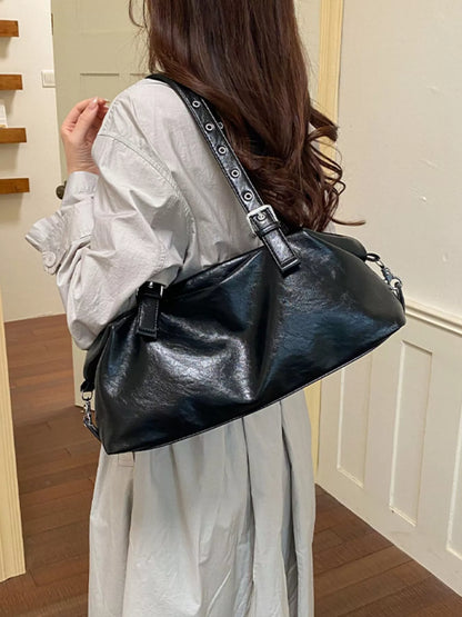 PU Leather Shoulder Bag - Black - View 7