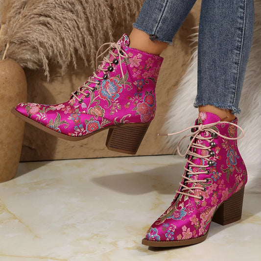 Point Toe Block Heels Boots - Rose Red - View 2