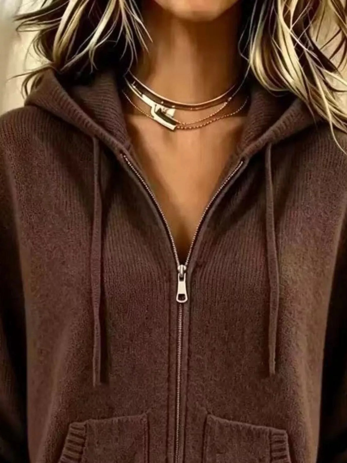 Zip-Up Hooded Knit Cardigan - Dark Brown - View 3