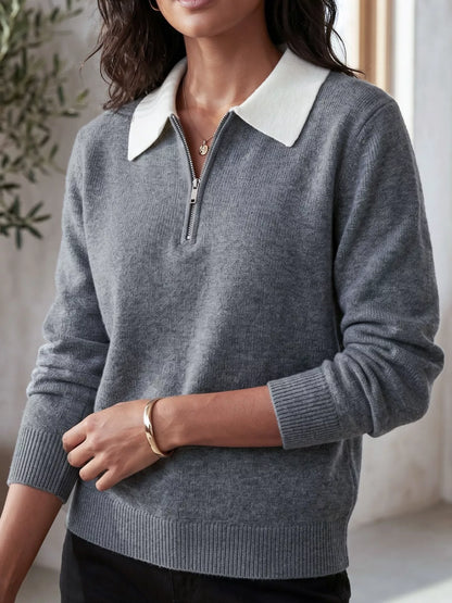 Contrast Collar Quarter Zip Sweater - Grey - View 2