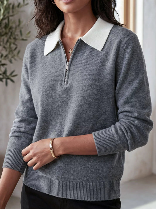 Contrast Collar Quarter Zip Sweater - Grey - View 2