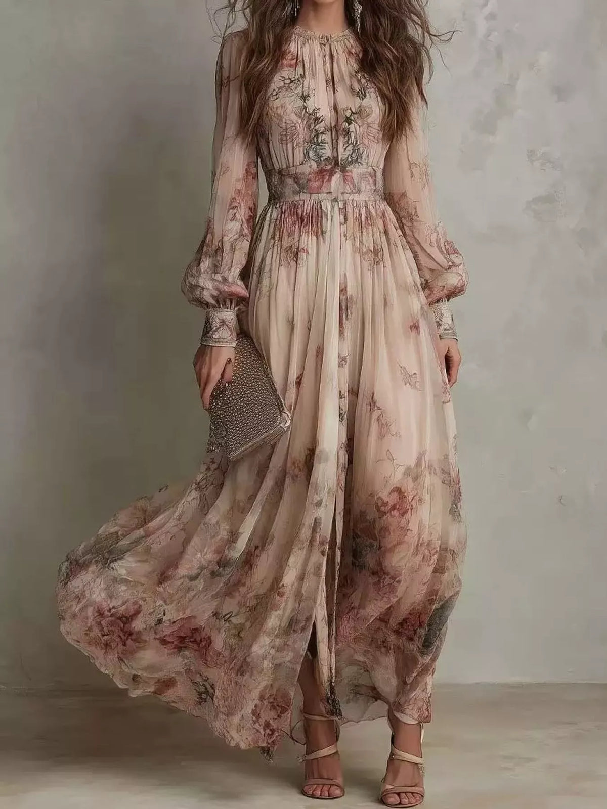 Floral Print Long Sleeve Maxi Dress - Multicolor - View 1