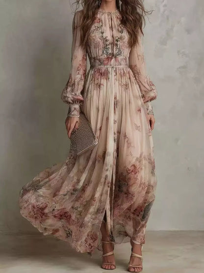 Floral Print Long Sleeve Maxi Dress - Multicolor - View 1
