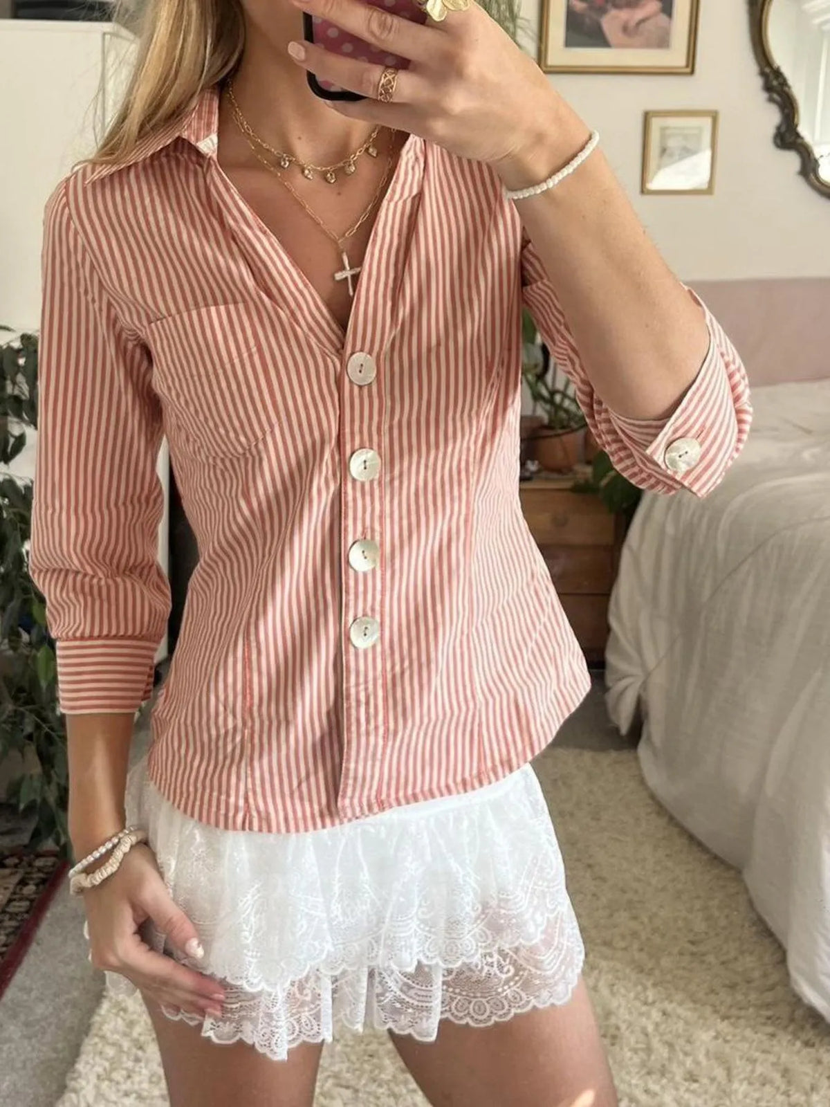 Collared Neck Button-Down Shirt - Orange - View 2