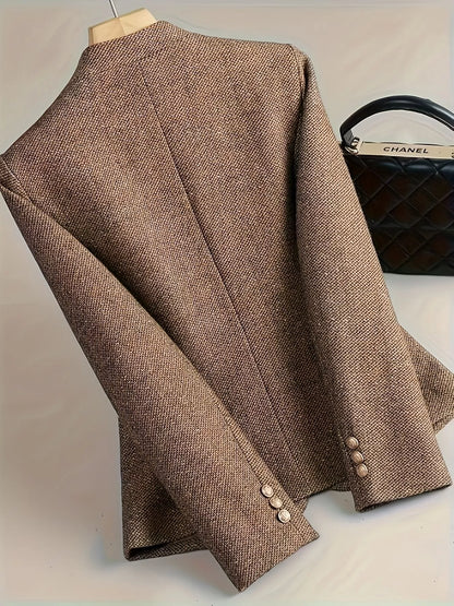 Flower One Button Long Sleeve Blazer - Taupe - View 2