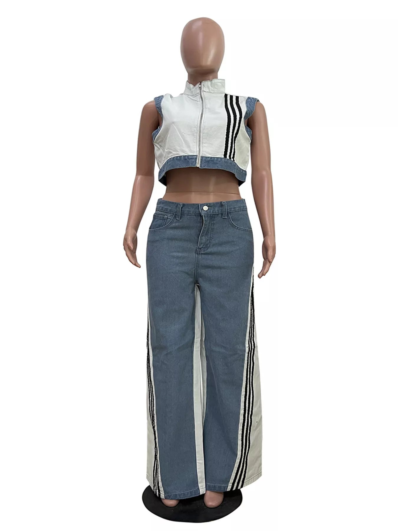 Zip Front Crop Top and Striped Pants Set - White - Front Mannequin View