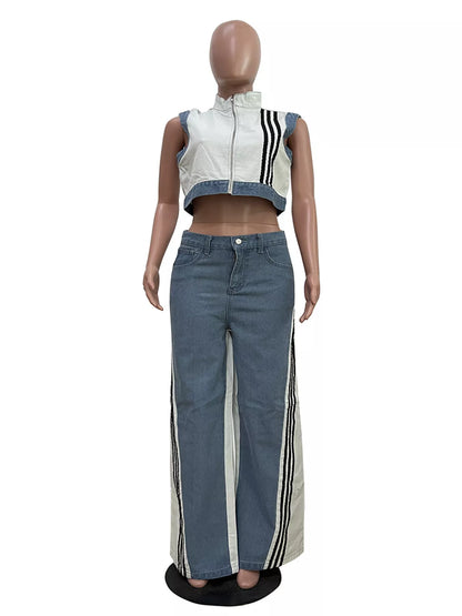 Zip Front Crop Top and Striped Pants Set - White - Front Mannequin View