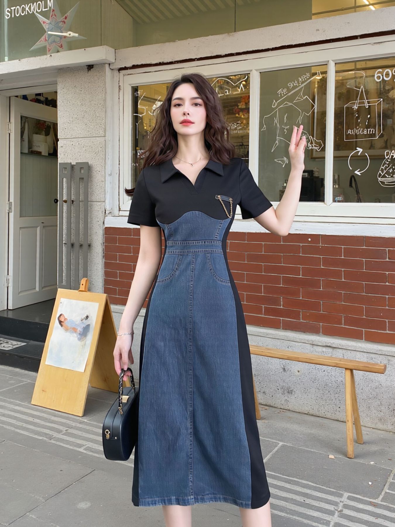 Full Size Color Block Denim Patchwork Bodycon Mini Dress Plus Size - Dark Blue - Styled Front View