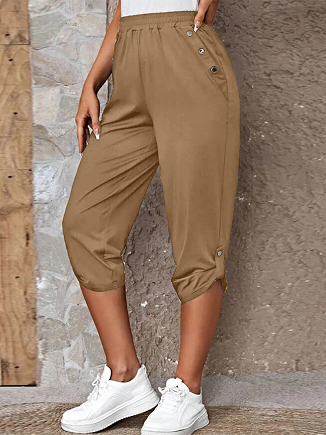 Full Size Roll-Tab Capris Pants - Camel - View 11