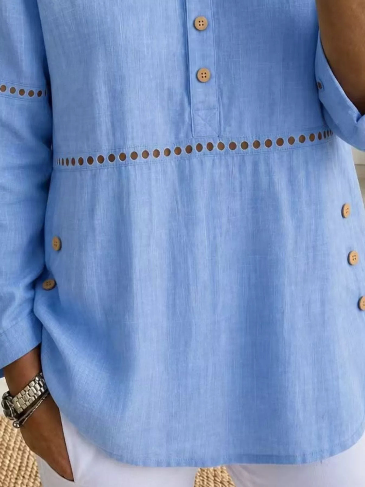 Full Size Button Detail Eyelet Long Sleeve Blouse Plus Size - Sky Blue - View 3