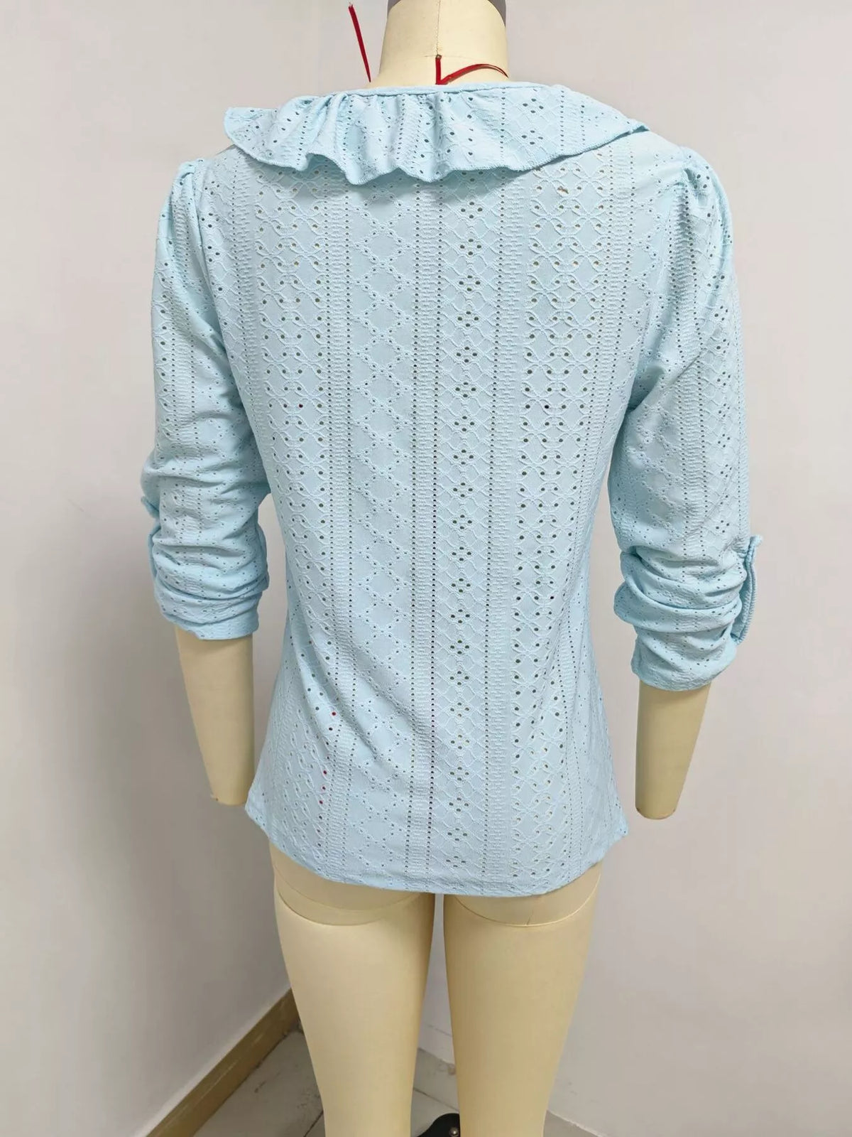 Eyelet Ruffle V-Neck Blouse - Light Blue - View 4