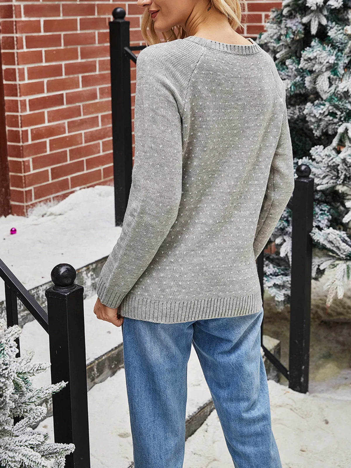 Snowman Graphic Raglan Sleeve Sweater - Grey - View 5