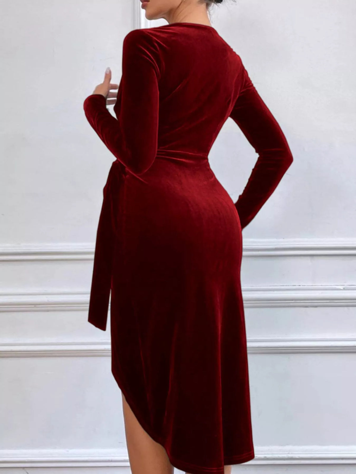 Velvet Wrap Long Sleeve Midi Dress - Wine Red - View 5