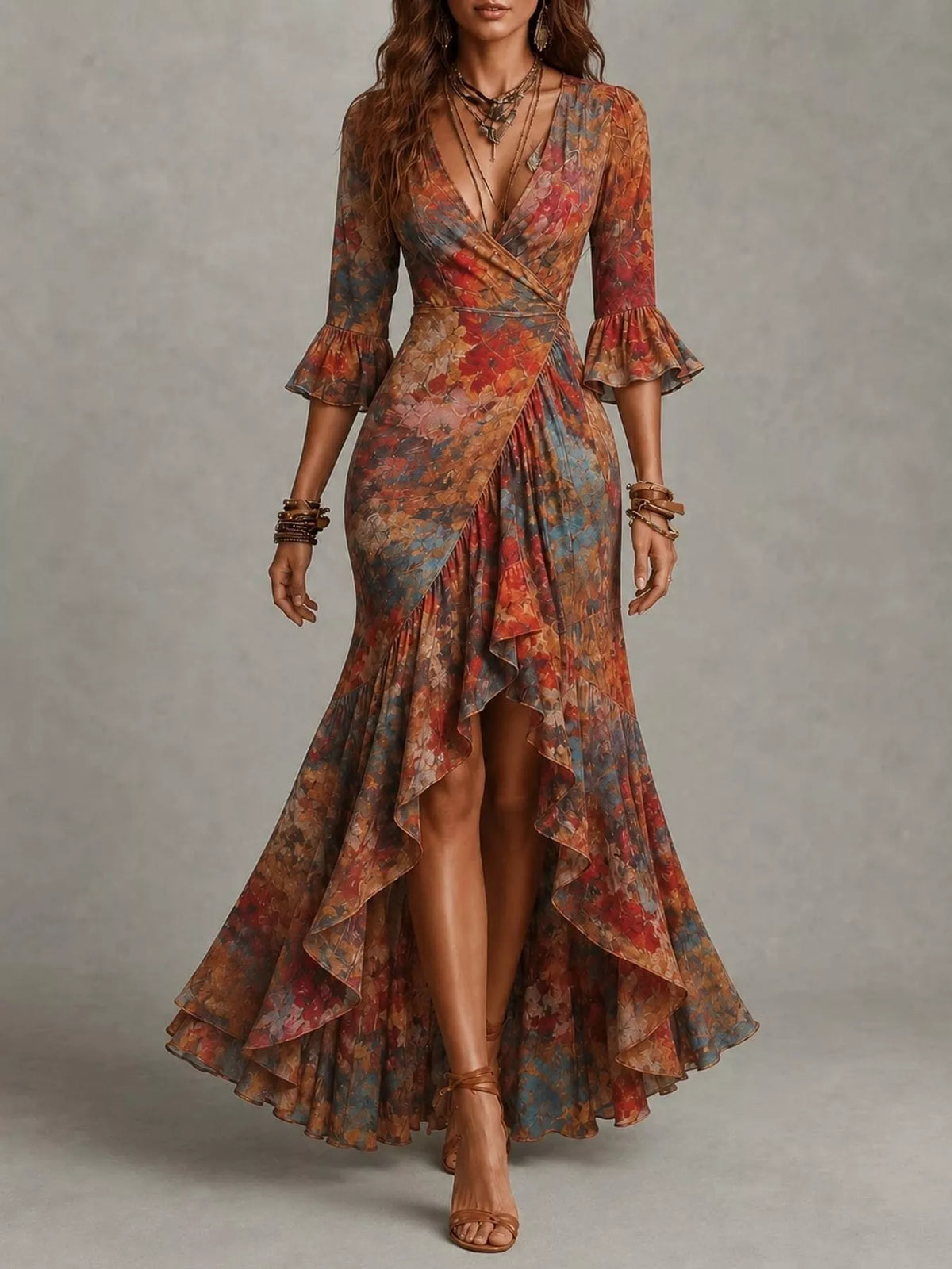 High-Low Ruffled Maxi Dress - Dark Red - View 12