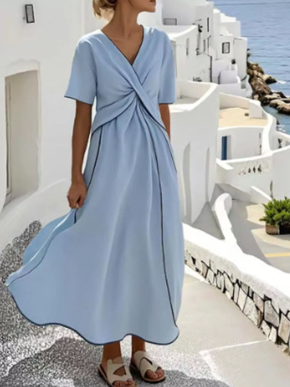 Full Size Striped Surplice Half Sleeve Midi Dress Plus Size - Pastel  Blue - View 1