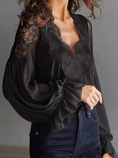 Full Size Lace V-Neck Flounce Sleeve Blouse Plus Size - Black - View 2