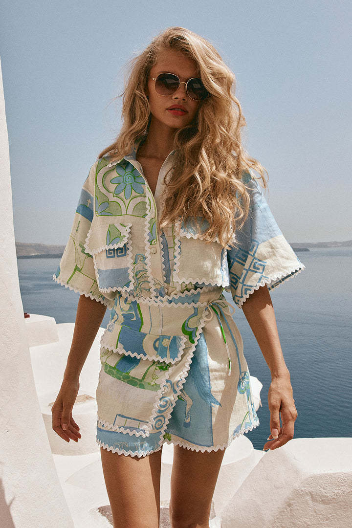 European and APrinted Ruffled Short Sleeve Set for Women, Beach Vacation Casual Fashion Two-Piece Set