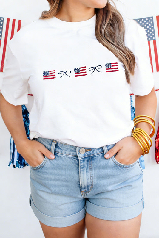 White Embroidered Flag Bow Short Sleeve Casual T-Shirt - White - 2