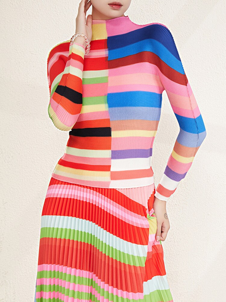 Color Block Pleated 2 Pieces Set Fashion Long Sleeves Slim Tops High Waist Skirts Fashion Printed Clothing