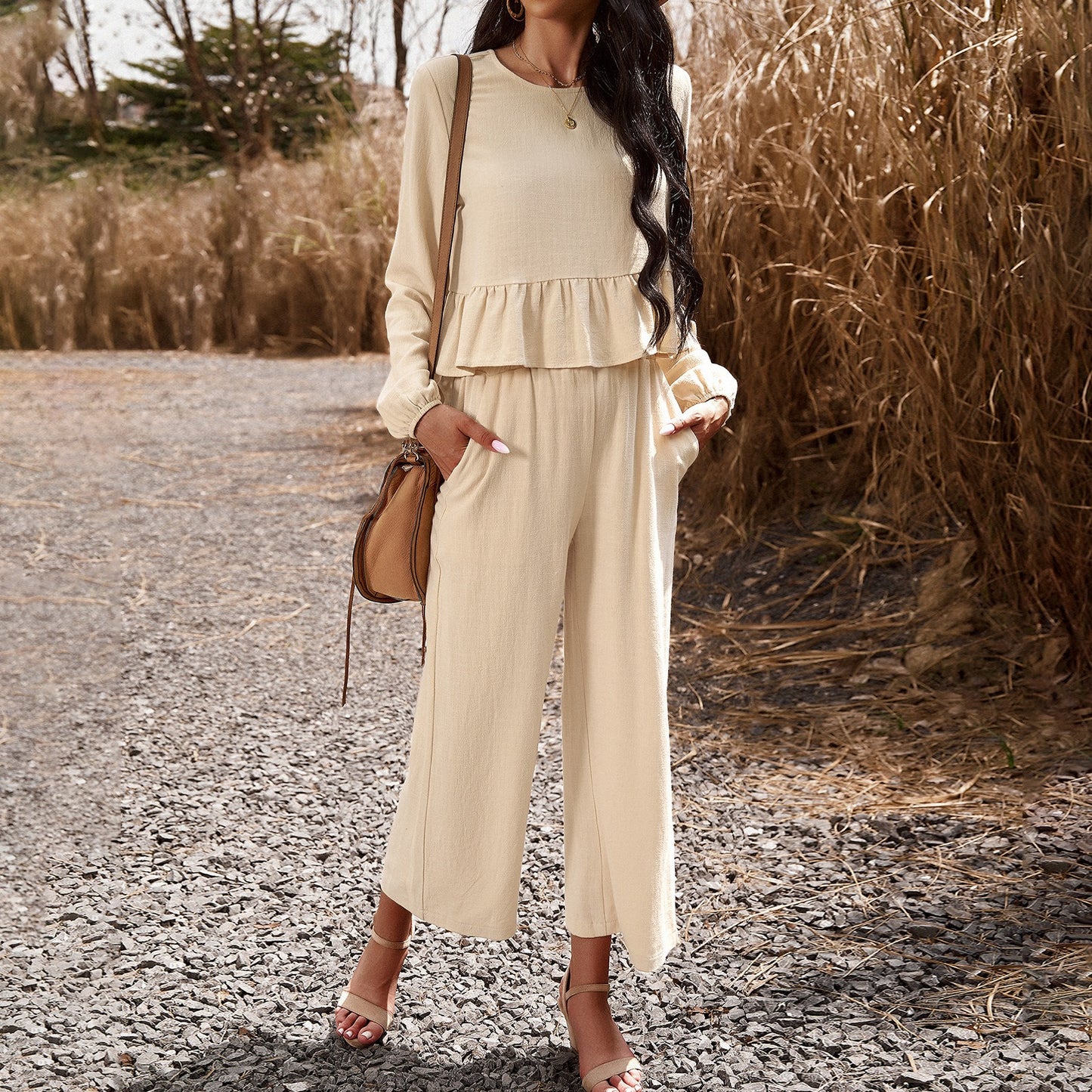 European and American women's spring/summer temperament casual set, solid color long sleeved top, loose pants