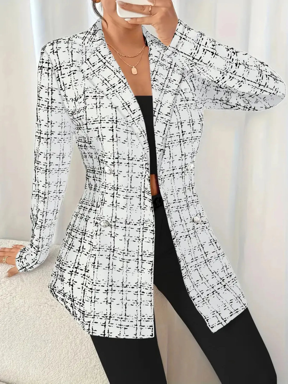 Tweed Double-Breasted Blazer - White - View 8