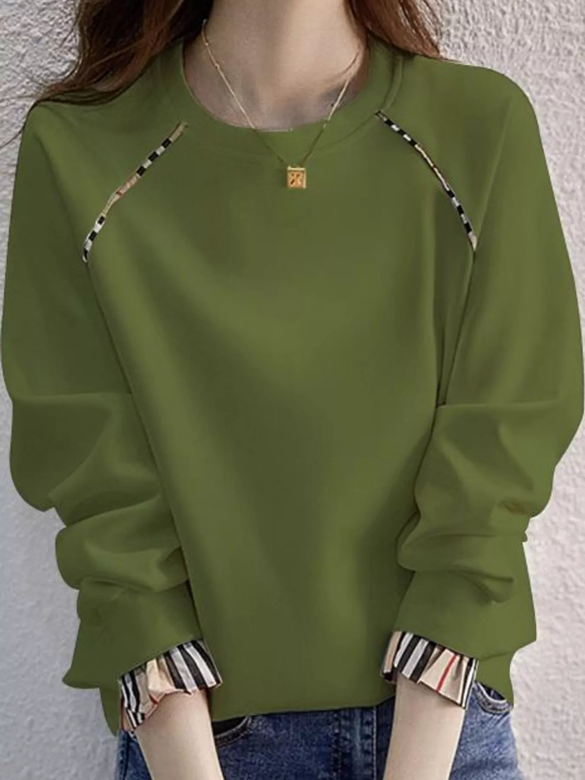 Plaid-Trimmed Crew Neck Sweatshirt - Army Green-Plain - View 9