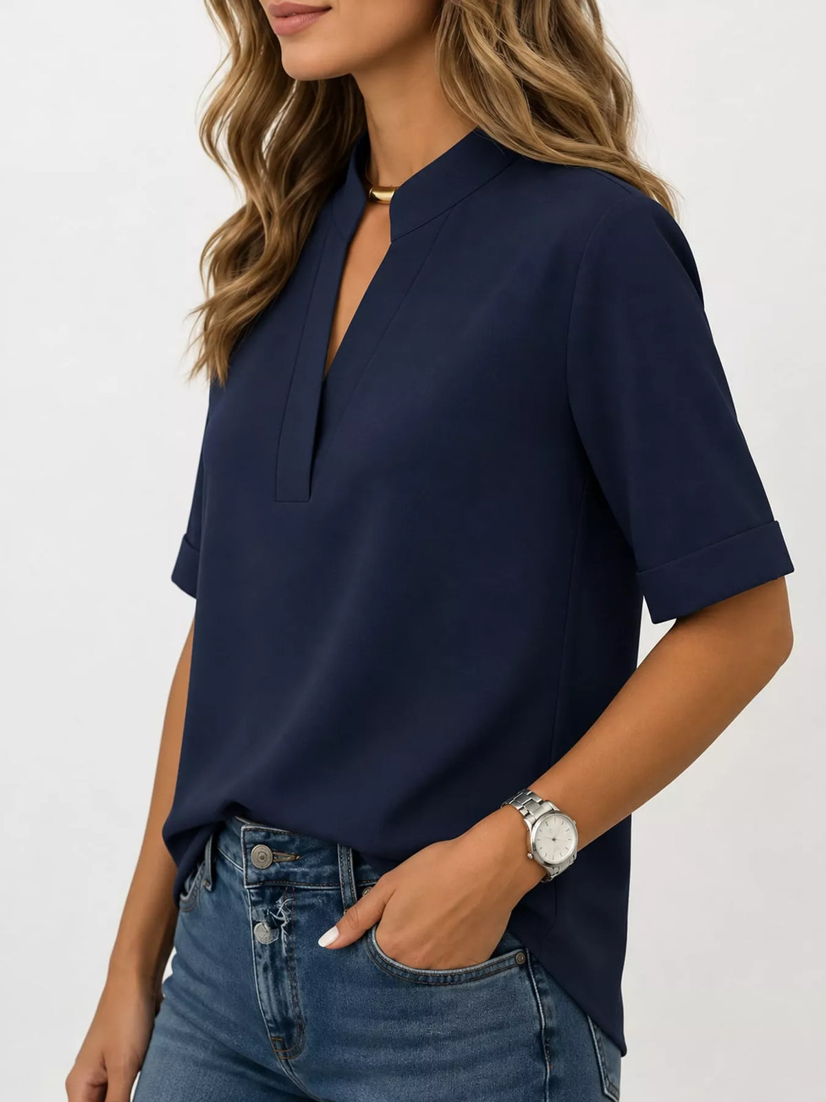 Full Size Notched Short Sleeve Blouse Plus Size - Navy - View 28
