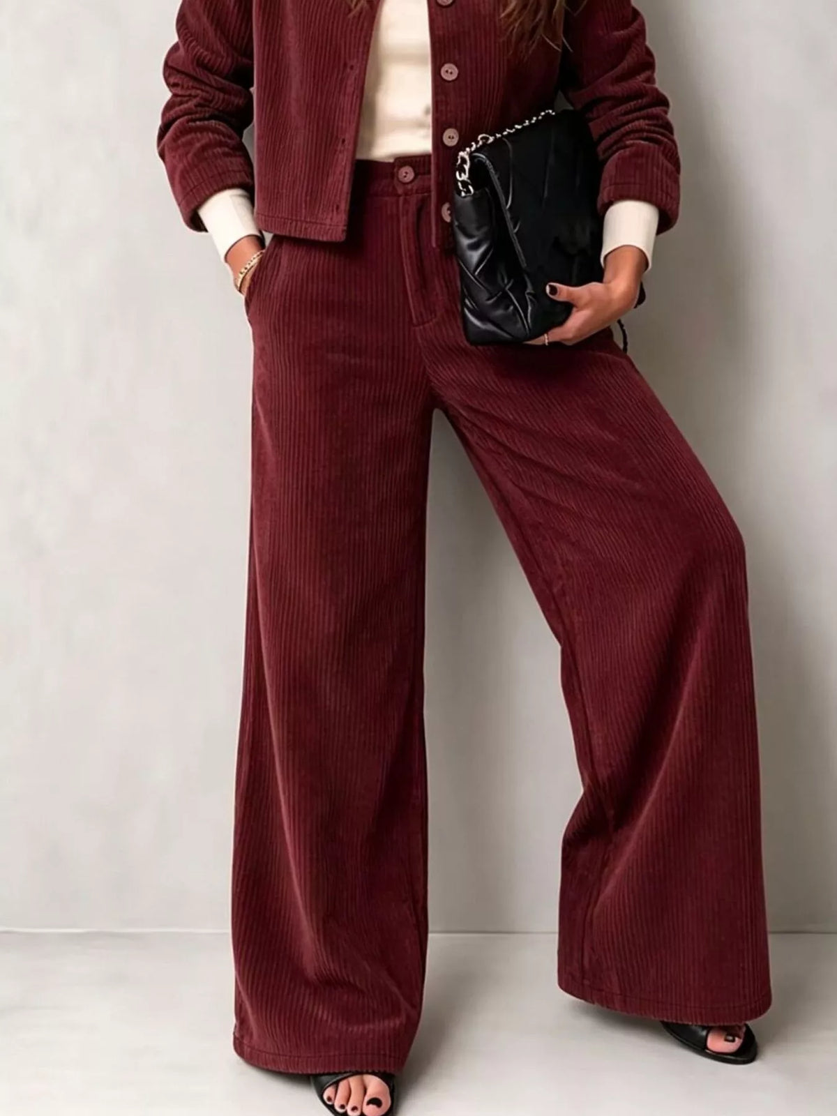 Full Size Corduroy Button-Down Jacket and Wide-Leg Pants Two-Piece Set Plus Size - Burgundy - View 12