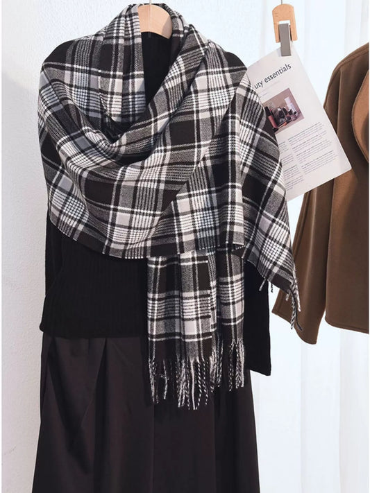 Plaid Tassel Hem Winter Scarf - Black And White - View 1