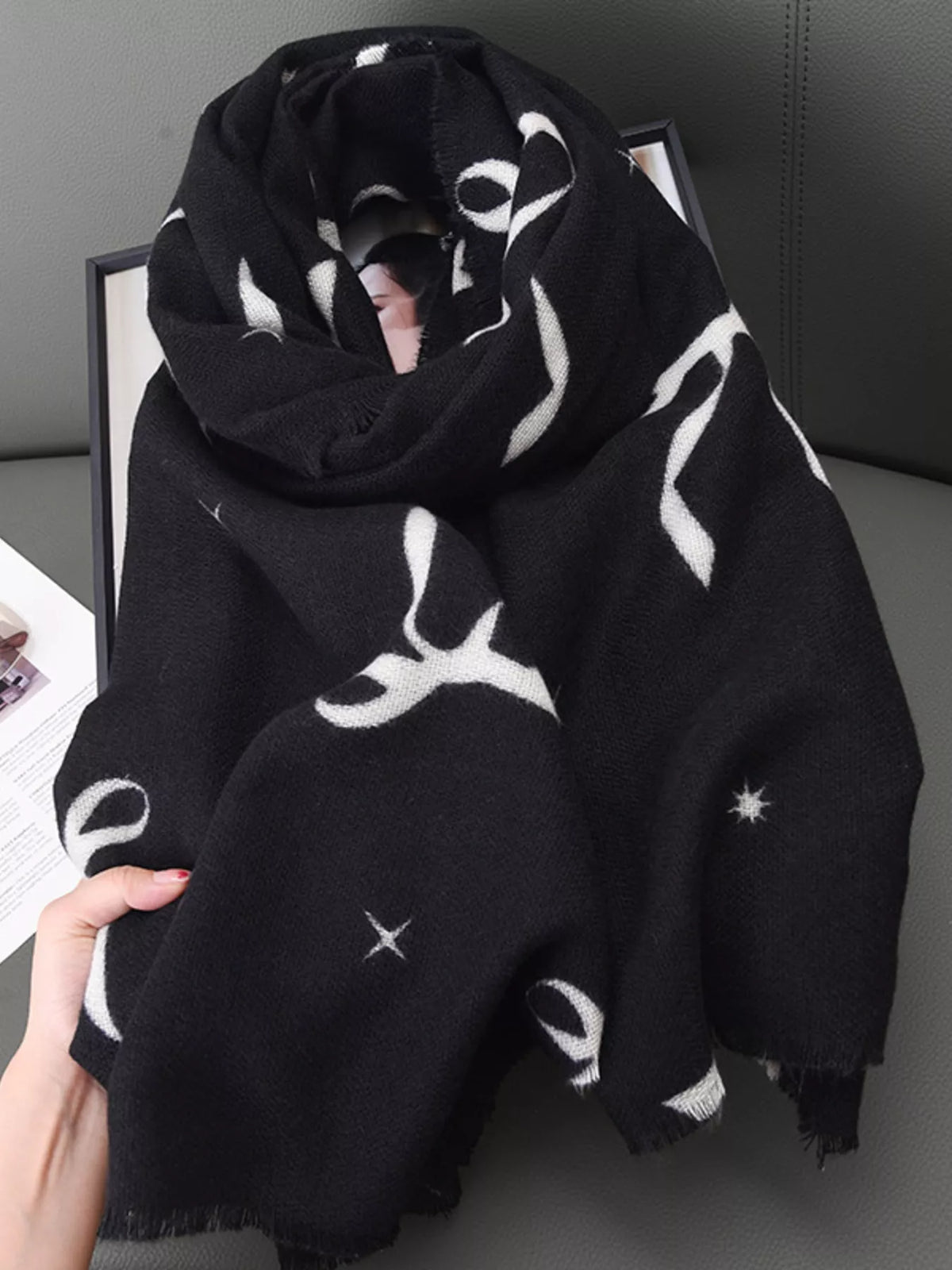 Bow Print Lightweight Scarf - Black - View 3